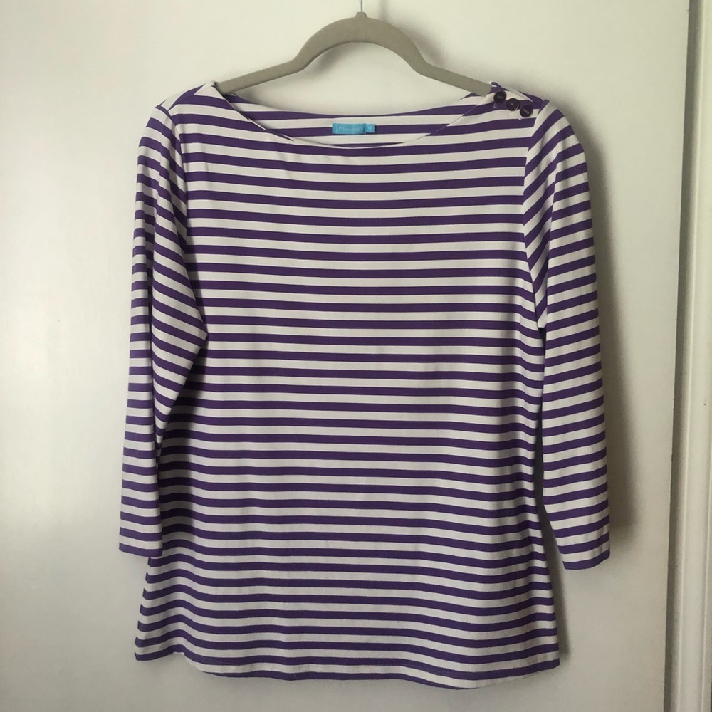 J. McLaughlin Stripe Boat Neck 3/4 Sleeve Button Shoulder Tee/Top Purple Size M